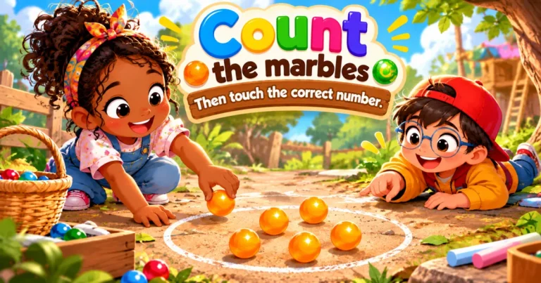 Count the marbles, then touch the correct number: two children playing with orange marbles in a chalk circle.