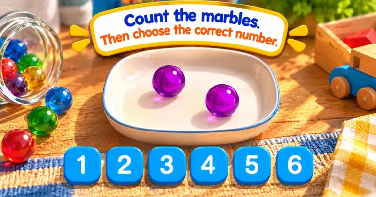 Count the marbles, then choose the correct number: two purple marbles in a white dish, above the numbers 1 to 6.