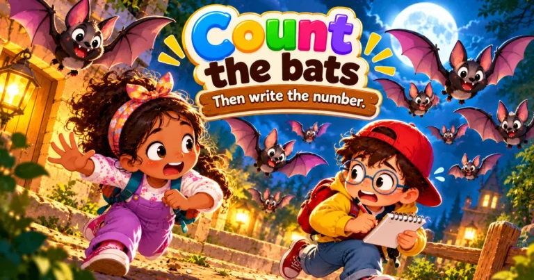 Count the bats, then write the number: two children with a notebook watch bats flying over a garden at night.