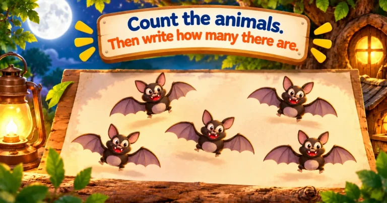 Count the animals, then write how many there are: five bats drawn on a large sheet of paper, in a garden at night, by a lantern.
