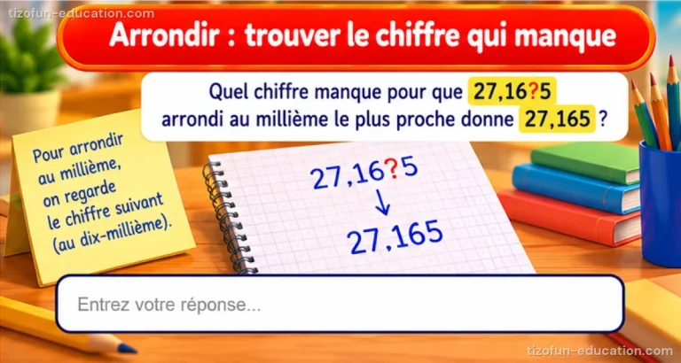Maths CM1-CM2 — Arrondir : trouver le chiffre qui manque