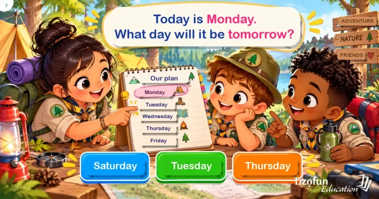 Today is Monday. What day will it be tomorrow? Three young scouts look at their plan for the week; the answers are Saturday, Tuesday and Thursday.