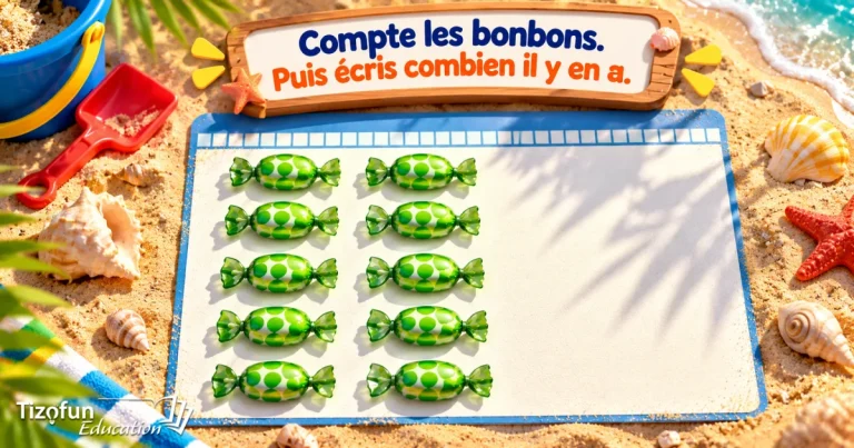 Compte les bonbons, puis écris combien il y en a : deux colonnes de bonbons verts sur une ardoise posée dans le sable, entre un seau, une pelle et des coquillages.