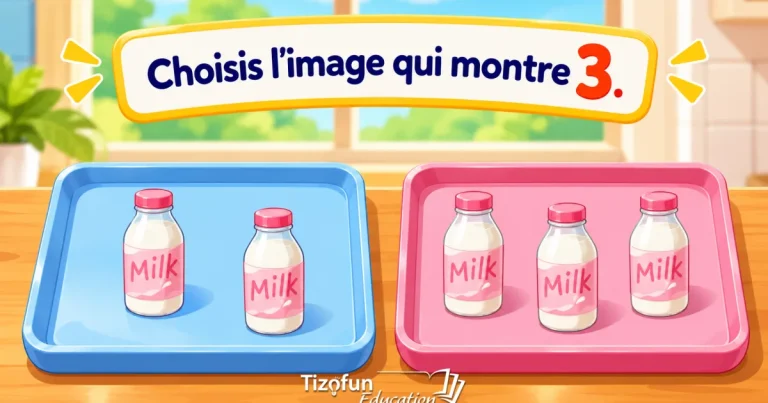 Choisis l'image qui montre 3 : un plateau bleu avec deux bouteilles de lait et un plateau rose avec trois bouteilles de lait.