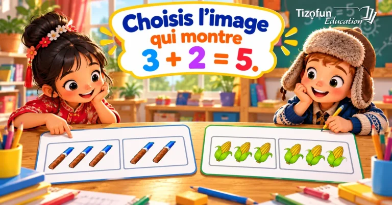 Choisis l'image qui montre 3 + 2 = 5 : deux enfants devant une carte de trois crayons et deux crayons, et une carte de trois épis de maïs et trois épis de maïs.