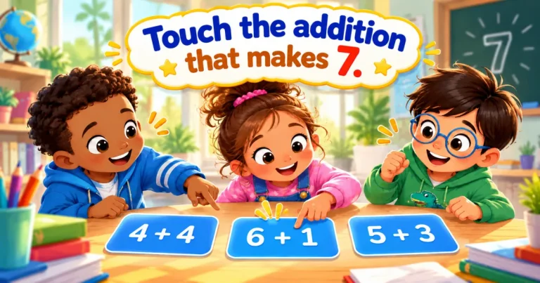 Touch the addition that makes 7: three children at a table point to the cards 4 + 4, 6 + 1 and 5 + 3.