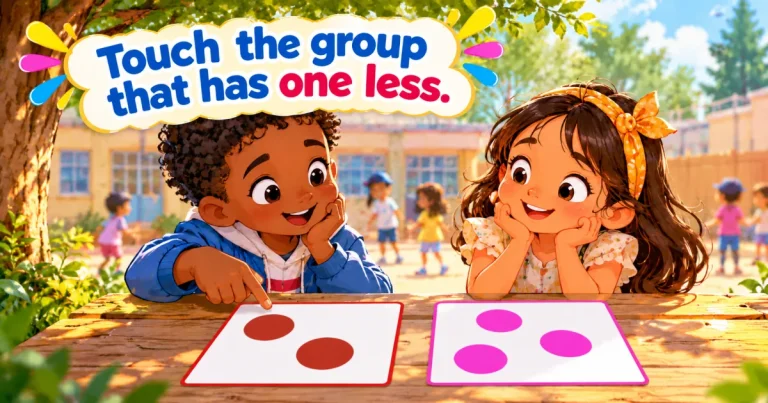 Touch the group that has one less: two children in a schoolyard compare a card with two brown dots and a card with three pink dots.