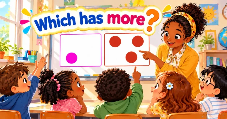 Which has more? A teacher points to a board with one pink dot and three red dots while the children raise their hands.