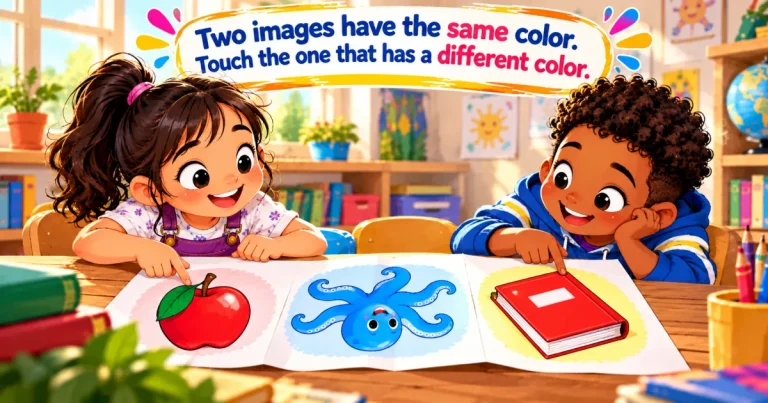 Two images have the same color. Touch the one that has a different color: two children with a sheet showing a red apple, a blue octopus and a red book.