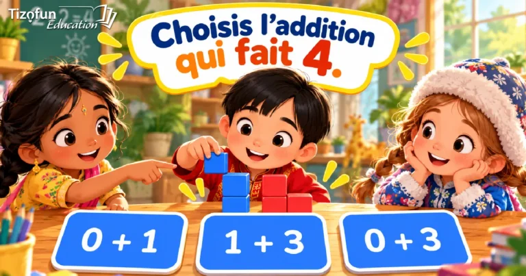 Choisis l'addition qui fait 4 : trois enfants empilent des cubes devant les cartes 0 + 1, 1 + 3 et 0 + 3.