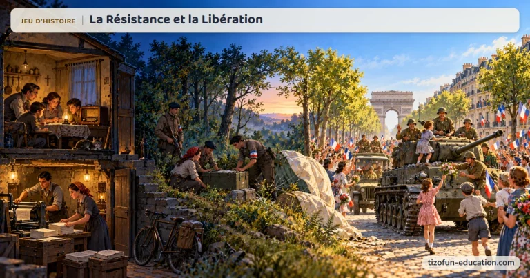 Jeu d’histoire « La Résistance et la Libération » : la nuit, une famille écoute en secret la radio de Londres et des résistants impriment des tracts ; au jour de la Libération, la foule agite de petits drapeaux tricolores autour des chars, près de l’Arc de triomphe.