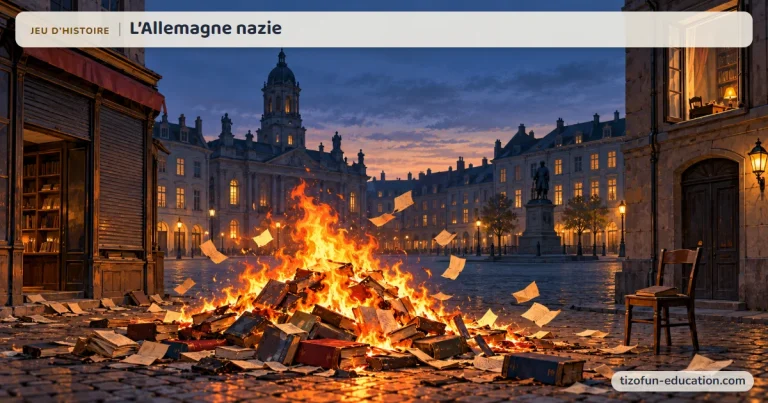 Jeu d’histoire « L’Allemagne nazie » : la nuit, sur la grande place d’une ville allemande, des livres brûlent dans un immense bûcher, devant des librairies fermées.