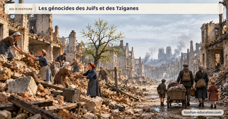 Jeu d’histoire « Les génocides des Juifs et des Tziganes » : une ville européenne en ruines après la Seconde Guerre mondiale : des femmes déblaient les décombres et des familles passent avec une charrette.