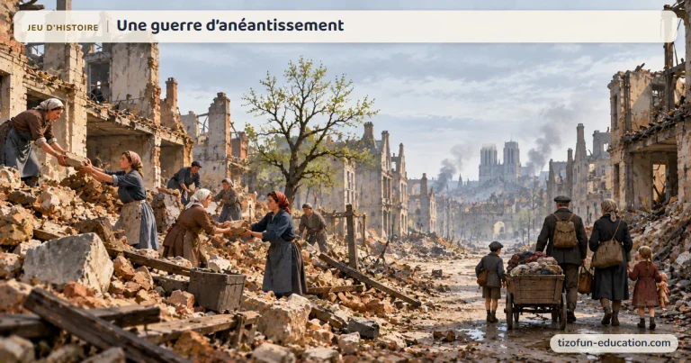 Jeu d’histoire « Une guerre d’anéantissement » : dans une ville européenne détruite par la guerre, des femmes déblaient les ruines pierre à pierre et des familles de réfugiés passent avec une charrette.