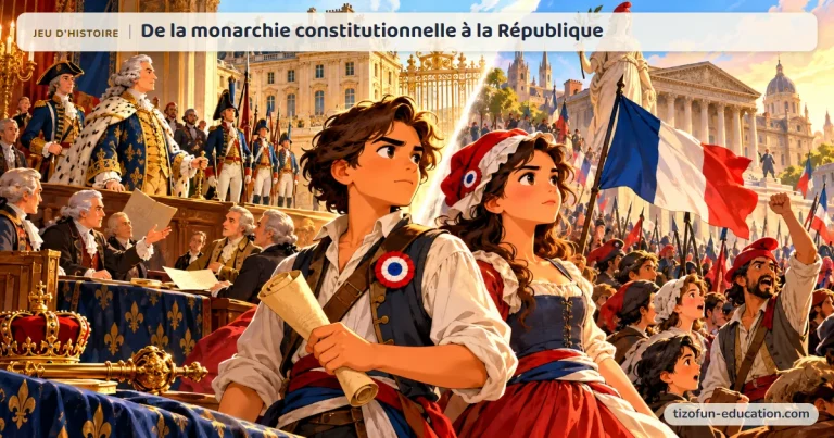 Jeu d’histoire « De la monarchie constitutionnelle à la République » : à gauche, le roi et les députés ; au centre, deux jeunes révolutionnaires ; à droite, une foule sous le drapeau tricolore et une statue de la République.
