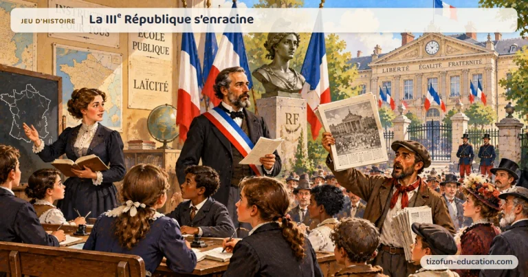 Jeu d’histoire « La IIIe République s’enracine » : une classe d’école publique, un maire en écharpe tricolore, un crieur de journaux et une mairie marquée « Liberté, Égalité, Fraternité ».