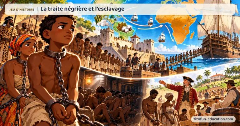 Jeu d’histoire « La traite négrière et l’esclavage » : des Africains enchaînés, dont des enfants, sont conduits d’un fort côtier vers un navire négrier ; une carte montre le commerce triangulaire.