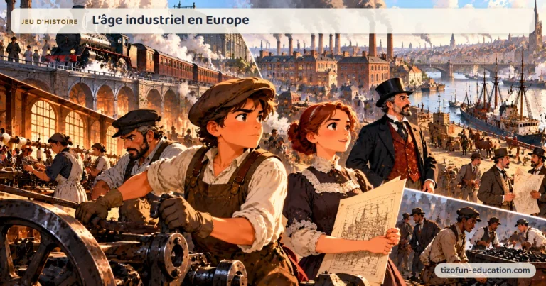 Jeu d’histoire « L’âge industriel en Europe » : des ouvriers aux machines, une locomotive à vapeur, des cheminées d’usines et un port, sous le regard d’un patron en haut-de-forme.