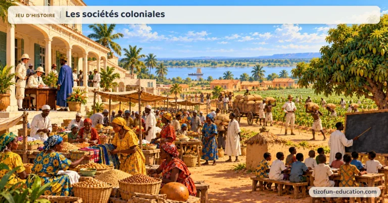 Jeu d’histoire « Les sociétés coloniales » : un administrateur français signe des papiers sous une véranda, des femmes tiennent le marché, des ouvriers portent des sacs d’arachides et des enfants africains suivent la classe sous un manguier.