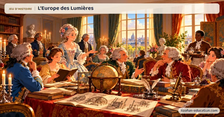 Jeu d’histoire « L’Europe des Lumières » : dans un salon parisien, une hôtesse et des savants en perruque discutent autour d’une table couverte de livres, d’un globe, d’un microscope et de planches de machines.
