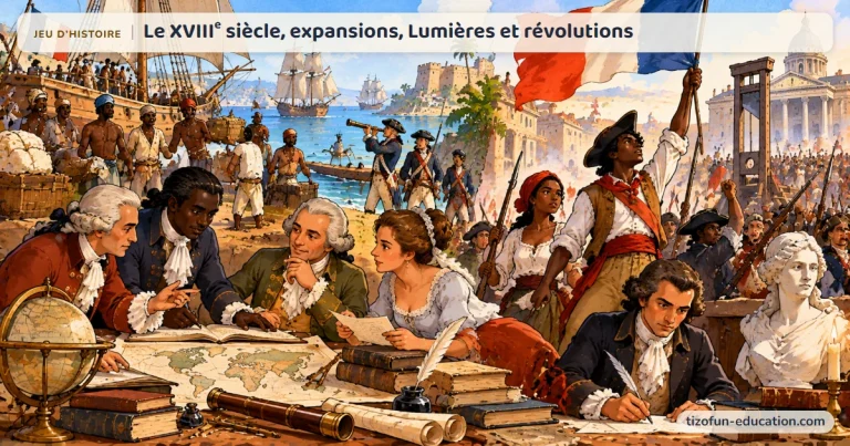 Jeu d’histoire « Le XVIIIe siècle, expansions, Lumières et révolutions » : des philosophes étudient cartes et livres ; derrière eux, un port négrier, des marins et une foule révolutionnaire sous le drapeau tricolore.