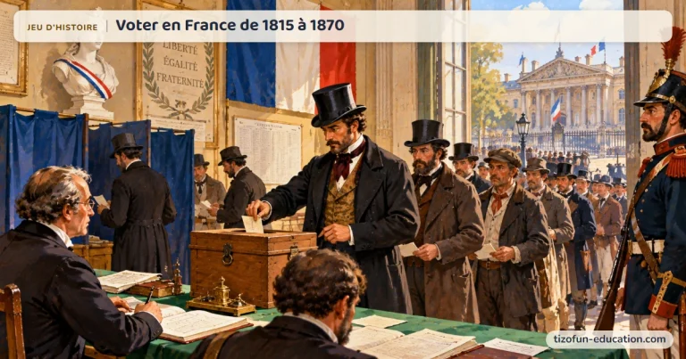 Jeu d’histoire « Voter en France de 1815 à 1870 » : des hommes font la queue pour glisser leur bulletin dans l’urne d’un bureau de vote, sous le buste de Marianne.