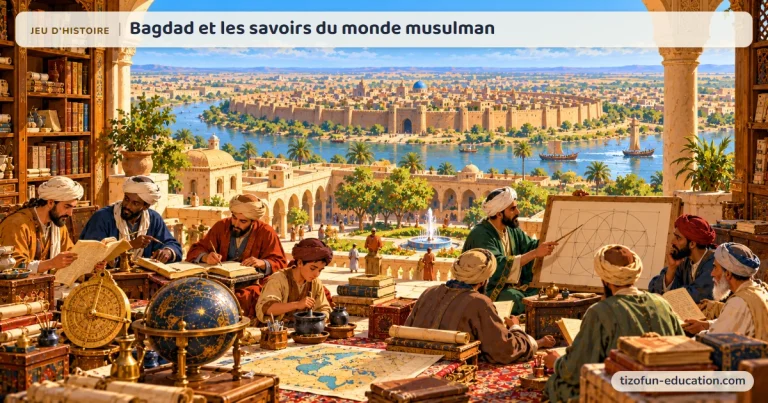 Jeu d’histoire « Bagdad et les savoirs du monde musulman » : sur la terrasse d’une bibliothèque de Bagdad, au-dessus du Tigre, des savants traduisent des livres parmi un astrolabe, un globe céleste et une carte.