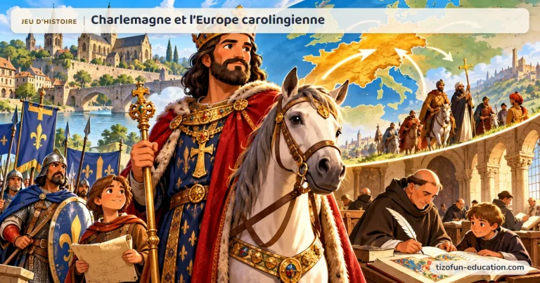 Jeu d’histoire « Charlemagne et l’Europe carolingienne » : un empereur couronné, entouré de soldats, devant une carte de l’Europe ; à droite, des moines copient des manuscrits enluminés.