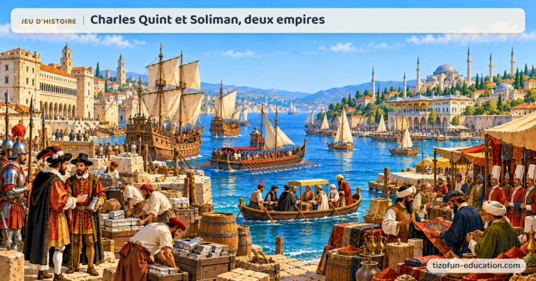 Jeu d’histoire « Charles Quint et Soliman, deux empires » : dans un port de la Méditerranée, des marchands de l’empire de Charles Quint et de l’Empire ottoman de Soliman échangent argent, épices et tapis, entre galères, caravelles et mosquées à minarets.