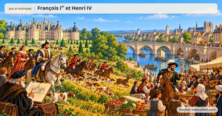 Jeu d’histoire « François Ier et Henri IV » : François Ier chasse à cheval devant le château de Chambord, tandis qu’à Paris, près du Pont-Neuf, Henri IV salue la foule d’un marché animé.