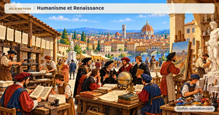 Jeu d’histoire « Humanisme et Renaissance » : à Florence, des imprimeurs actionnent une presse à vis, des humanistes discutent autour d’un globe et de livres, et un peintre travaille à son tableau, sous la coupole de la cathédrale.
