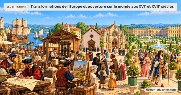 Jeu d’histoire « Transformations de l’Europe et ouverture sur le monde aux XVIe et XVIIe siècles » : de gauche à droite : un port des grandes découvertes, une imprimerie et un peintre de la Renaissance, un temple protestant près d’une église catholique, puis Louis XIV et sa cour devant Versailles.