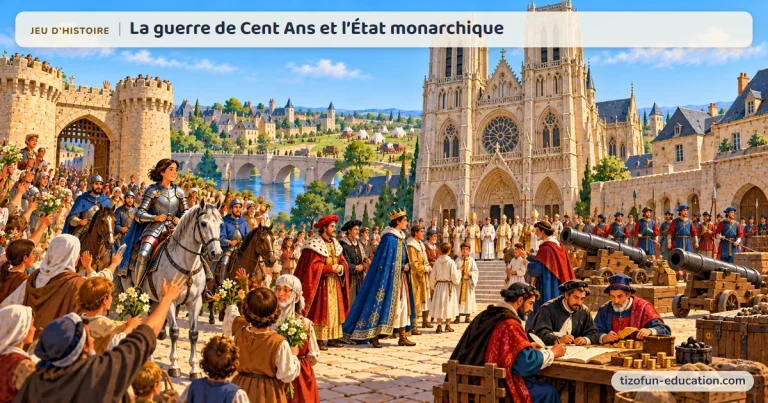 Jeu d’histoire « La guerre de Cent Ans et l’État monarchique » : Jeanne d’Arc, en armure, arrive à cheval devant la cathédrale où le roi Charles VII vient d’être sacré, entre la foule, des canons et des officiers qui tiennent les registres du royaume.