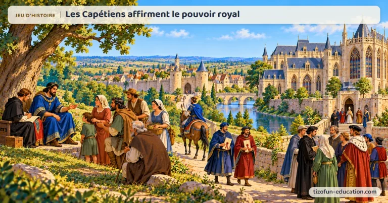 Jeu d’histoire « Les Capétiens affirment le pouvoir royal » : sous un chêne, le roi Louis IX écoute des paysans et des bourgeois venus lui demander justice, comme le raconte Joinville ; derrière, une ville fortifiée et un palais gothique au bord de la rivière.