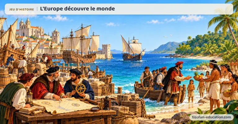 Jeu d’histoire « L’Europe découvre le monde » : sur une plage des Caraïbes, des marins européens débarqués des caravelles rencontrent des Taïnos qui leur offrent des fruits ; sur le quai d’un port européen, des savants étudient une carte.