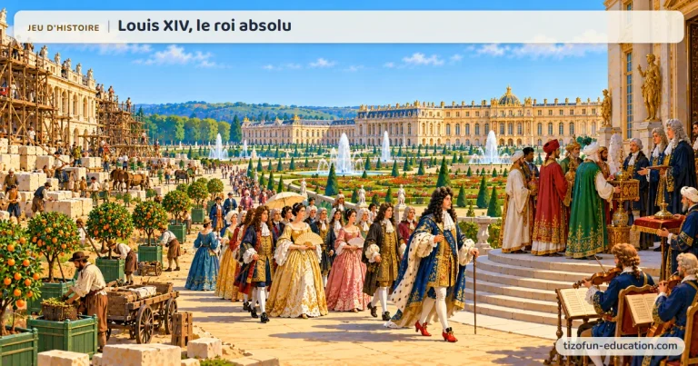 Jeu d’histoire « Louis XIV, le roi absolu » : Louis XIV, en perruque et souliers à talons rouges, se promène avec sa cour dans les jardins de Versailles et leurs jets d’eau, pendant que des ouvriers agrandissent encore le palais.