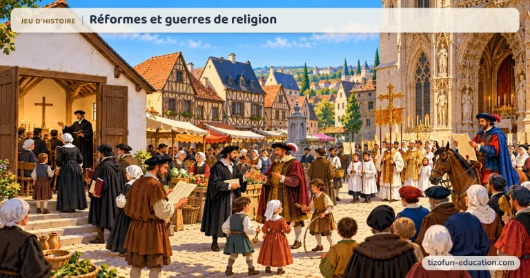 Jeu d’histoire « Réformes et guerres de religion » : sur la place d’une ville du XVIe siècle, des protestants sortent d’un temple sobre et des catholiques défilent en procession devant une église décorée, pendant qu’un héraut à cheval lit un édit de paix.