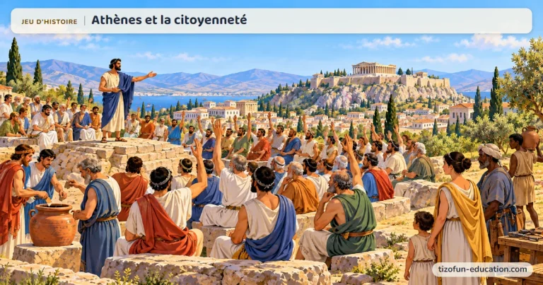 Jeu d’histoire « Athènes et la citoyenneté » : sous l’Acropole et le Parthénon, un orateur parle aux citoyens athéniens réunis en assemblée, qui votent à main levée ; une femme et une enfant regardent à l’écart.