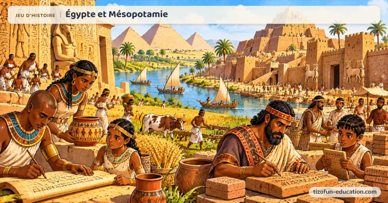 Jeu d’histoire « Égypte et Mésopotamie » : un scribe égyptien écrit sur un papyrus près des pyramides et du Nil ; un scribe de Mésopotamie grave une tablette devant une ziggourat.