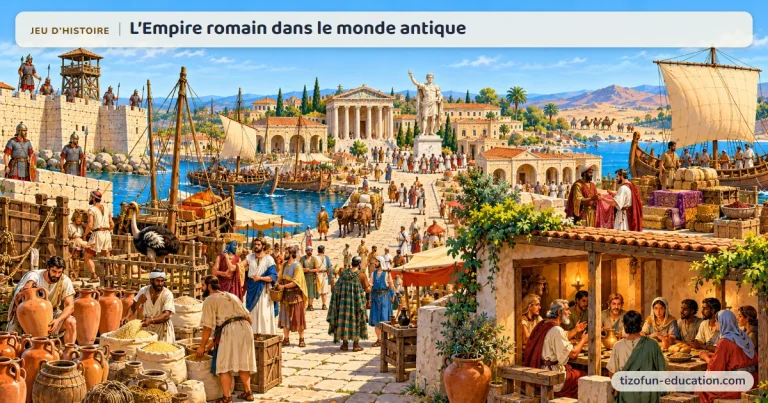 Jeu d’histoire « L’Empire romain dans le monde antique » : au port d’Ostie, des légionnaires en cotte de mailles gardent un fort, des marchands de tout l’Empire déchargent amphores et blé, la statue de l’empereur domine le forum, des chrétiens partagent le pain dans une maison, et un marchand parthe tend de la soie à un Romain.