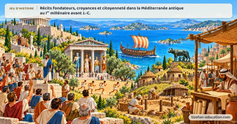 Jeu d’histoire « Récits fondateurs, croyances et citoyenneté dans la Méditerranée antique au Ier millénaire avant J.-C. » : autour de la Méditerranée antique : des citoyens athéniens votent à main levée sous l’Acropole, des dieux grecs reconnaissables à leurs attributs ornent un temple près d’une course, un navire grec file vers l’Italie, la louve allaite les jumeaux près de cabanes que fouillent des archéologues, et un scribe hébreu copie un rouleau.