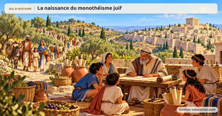 Jeu d’histoire « La naissance du monothéisme juif » : sur une colline d’oliviers, un scribe copie un rouleau devant des enfants, tandis que des familles et leurs ânes montent vers une ville fortifiée.