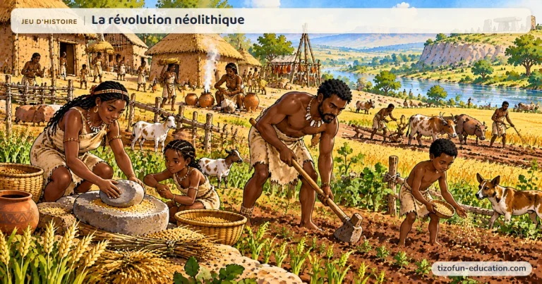 Jeu d’histoire « La révolution néolithique » : des paysans sèment, broient le grain et gardent chèvres et bœufs autour d’un village de huttes, près d’une rivière.