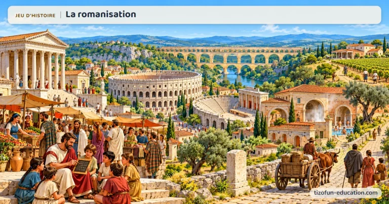 Jeu d’histoire « La romanisation » : dans une ville romaine de Gaule, un maître montre une tablette à des enfants près du forum et de son temple, où Gaulois en manteau à carreaux et Romains en toge se mêlent ; au loin, un amphithéâtre ovale, un théâtre en demi-cercle, un aqueduc à arches et des thermes.