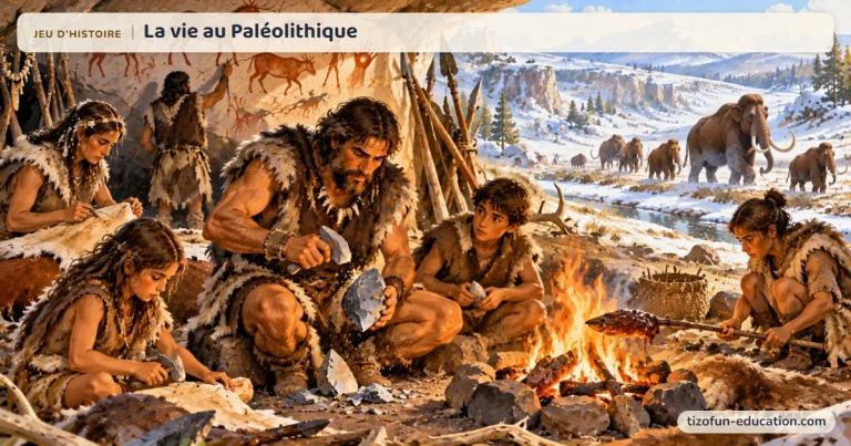 Jeu d’histoire « La vie au Paléolithique » : sous un abri peint d’animaux, une famille taille le silex et cuit sa viande au feu ; des mammouths passent dans la neige.