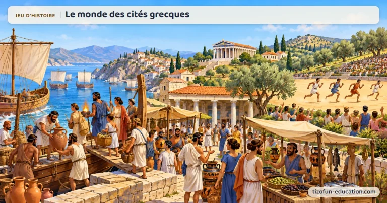 Jeu d’histoire « Le monde des cités grecques » : dans une cité grecque au bord de la mer, des marchands déchargent des amphores d’un navire à voile carrée et vendent olives et poissons, tandis que des coureurs s’affrontent au stade sous un temple.