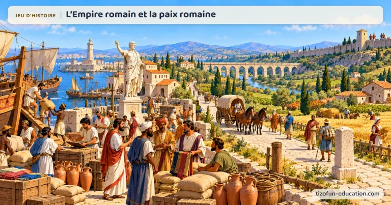 Jeu d’histoire « L’Empire romain et la paix romaine » : dans un port de l’Empire romain, des dockers déchargent des sacs de blé et des marchands venus de tout l’Empire échangent tissus et amphores, entre un phare, une statue de l’empereur et un aqueduc.