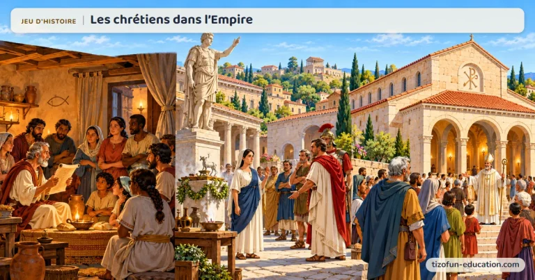 Jeu d’histoire « Les chrétiens dans l’Empire » : des chrétiens, esclaves et libres, partagent le pain dans une maison à la lueur des lampes ; sur une place, une jeune femme refuse calmement d’offrir de l’encens devant la statue de l’empereur ; puis un évêque accueille la foule devant une basilique marquée du chrisme.