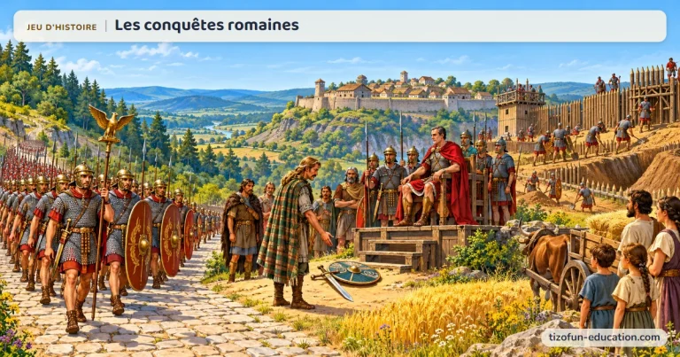 Jeu d’histoire « Les conquêtes romaines » : une colonne de légionnaires en cotte de mailles, derrière l’enseigne à l’aigle, longe un oppidum où un chef gaulois dépose ses armes devant le général romain assis sur une estrade, tandis que des soldats bâtissent un camp fortifié, comme Vercingétorix devant César à Alésia.
