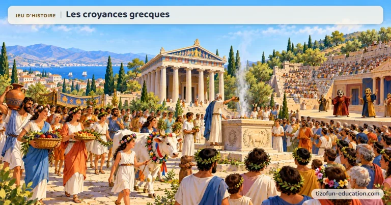 Jeu d’histoire « Les croyances grecques » : un cortège couronné de fleurs mène une génisse vers l’autel fumant d’un temple grec, pendant que des acteurs masqués jouent au théâtre voisin.